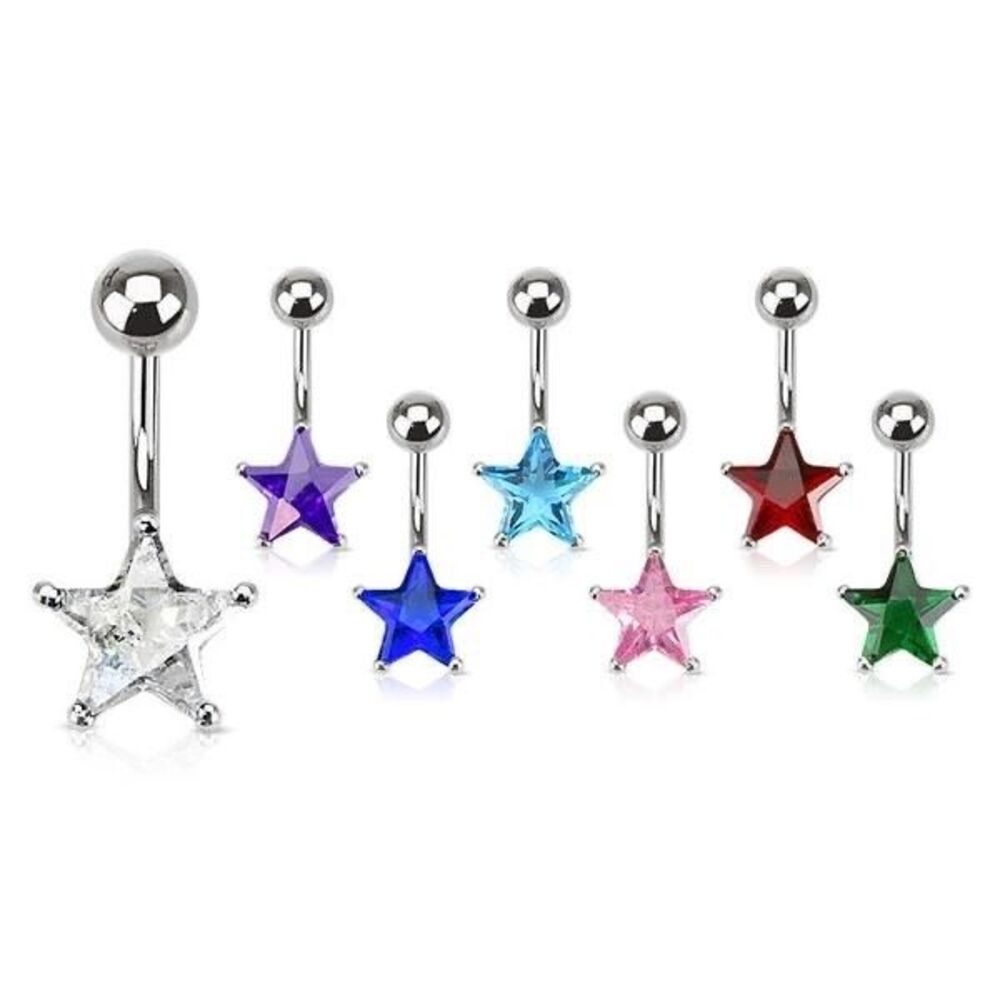 Star Navel Ring 14G 3/8” (9.5mm) CZ Prong Set 316L Surgical Steel (Set of 7)